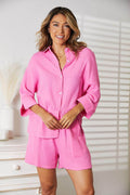 Mandy Textured Shirt and Elastic Waist Shorts Set Outfit