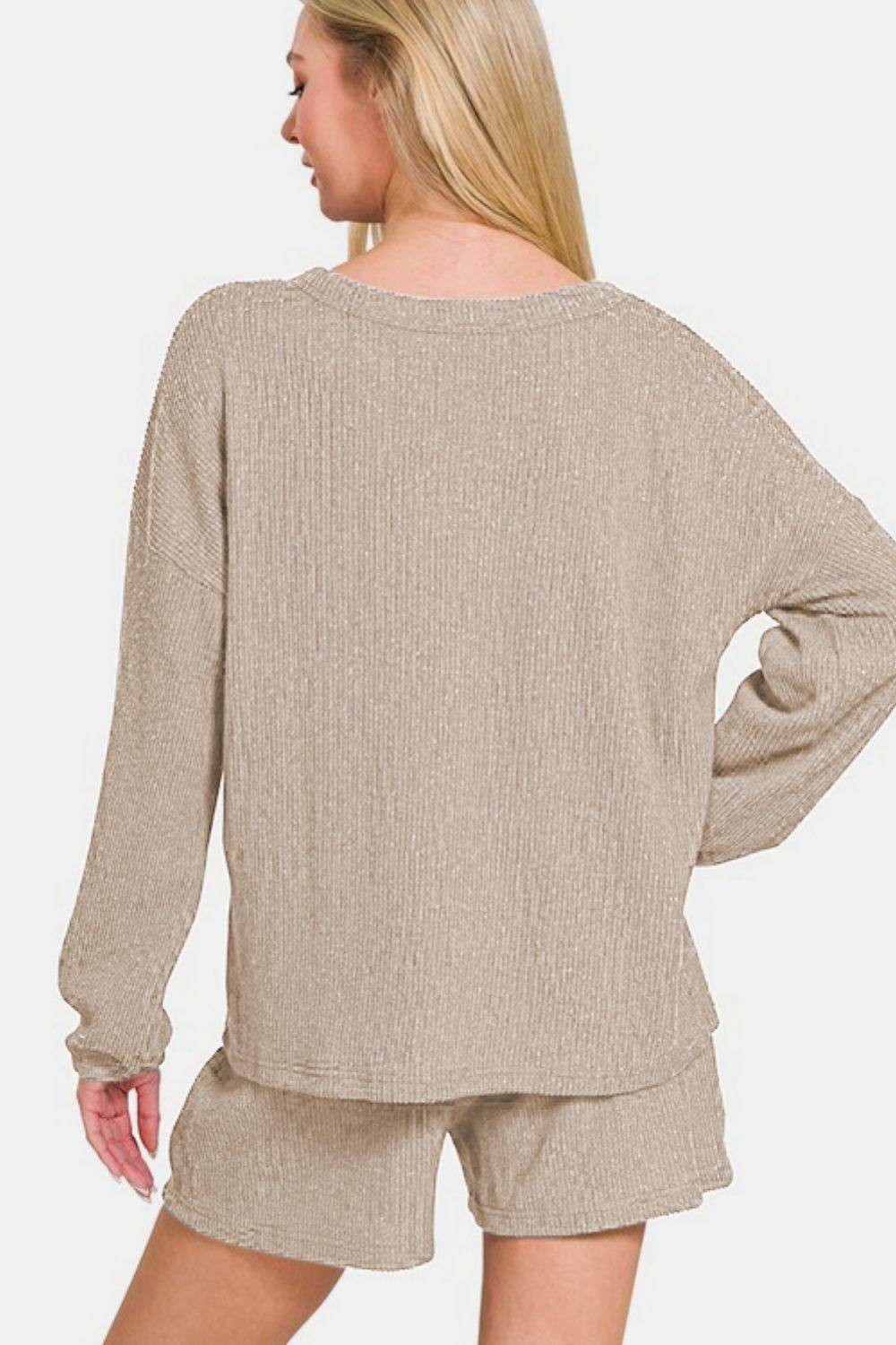 Zenana V-Neck Long Sleeve Ribbed Top and Shorts Set Outfit