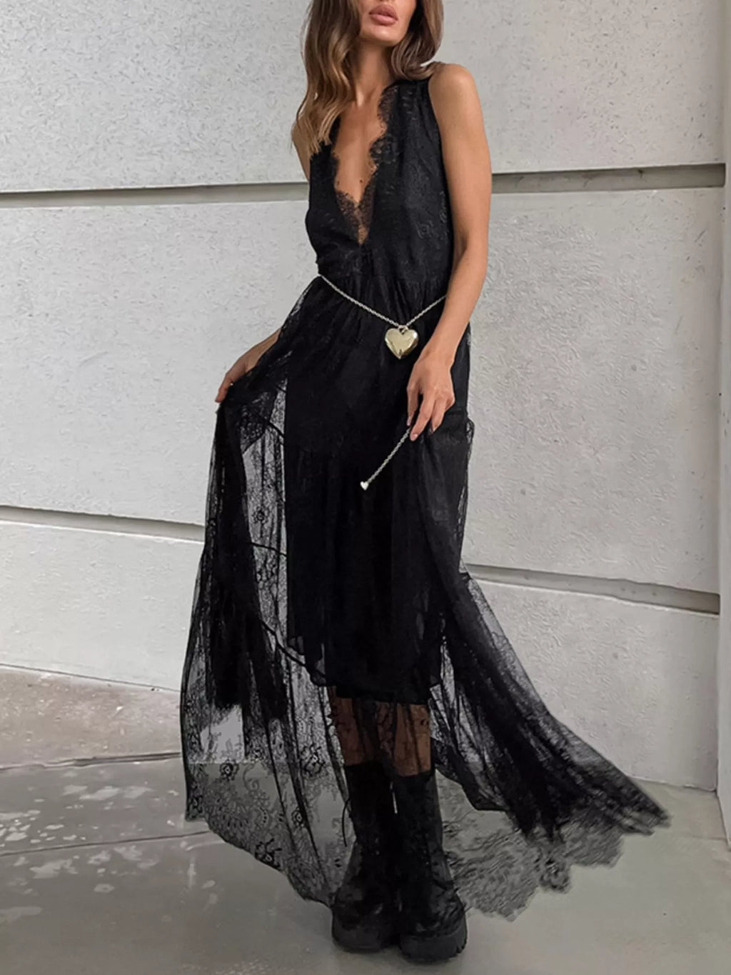 Lace V-Neck Sleeveless Maxi Dress