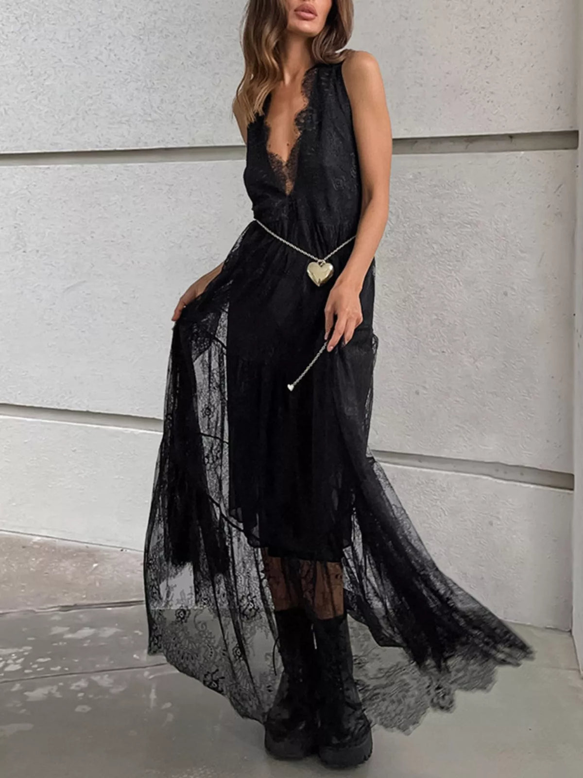 Lace V-Neck Sleeveless Maxi Dress