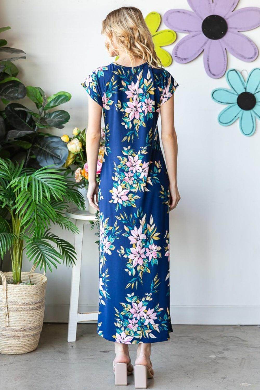 Heimish Full Size Floral Short Sleeve Slit Dress for Women