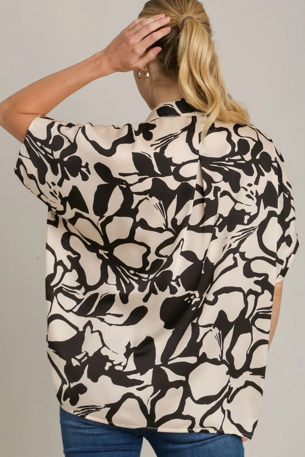 Umgee Full Size Two Tone Print Button Down Top with Hidden Plackets Plus Size
