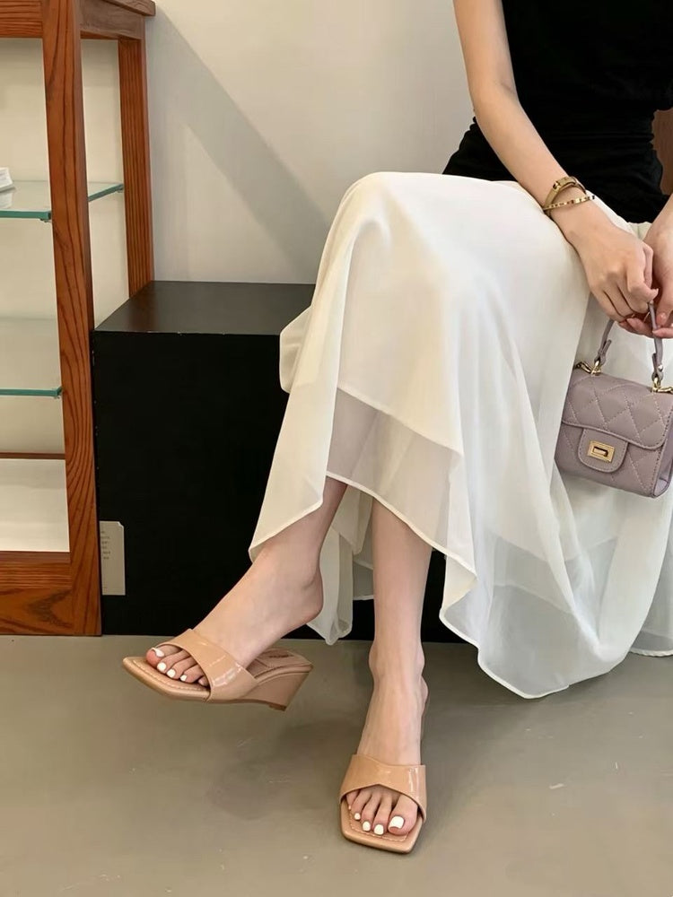 French Style One-Strap Open Toe Sandals For Women, Summer Wedge Comfortable Slip-On Mules, Elegant Ladies Shoes Match Dresses