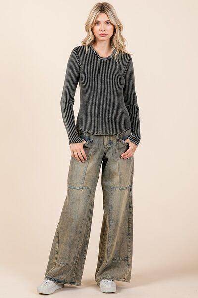 Mittoshop Washed Wide Leg Jeans with Pockets for Women