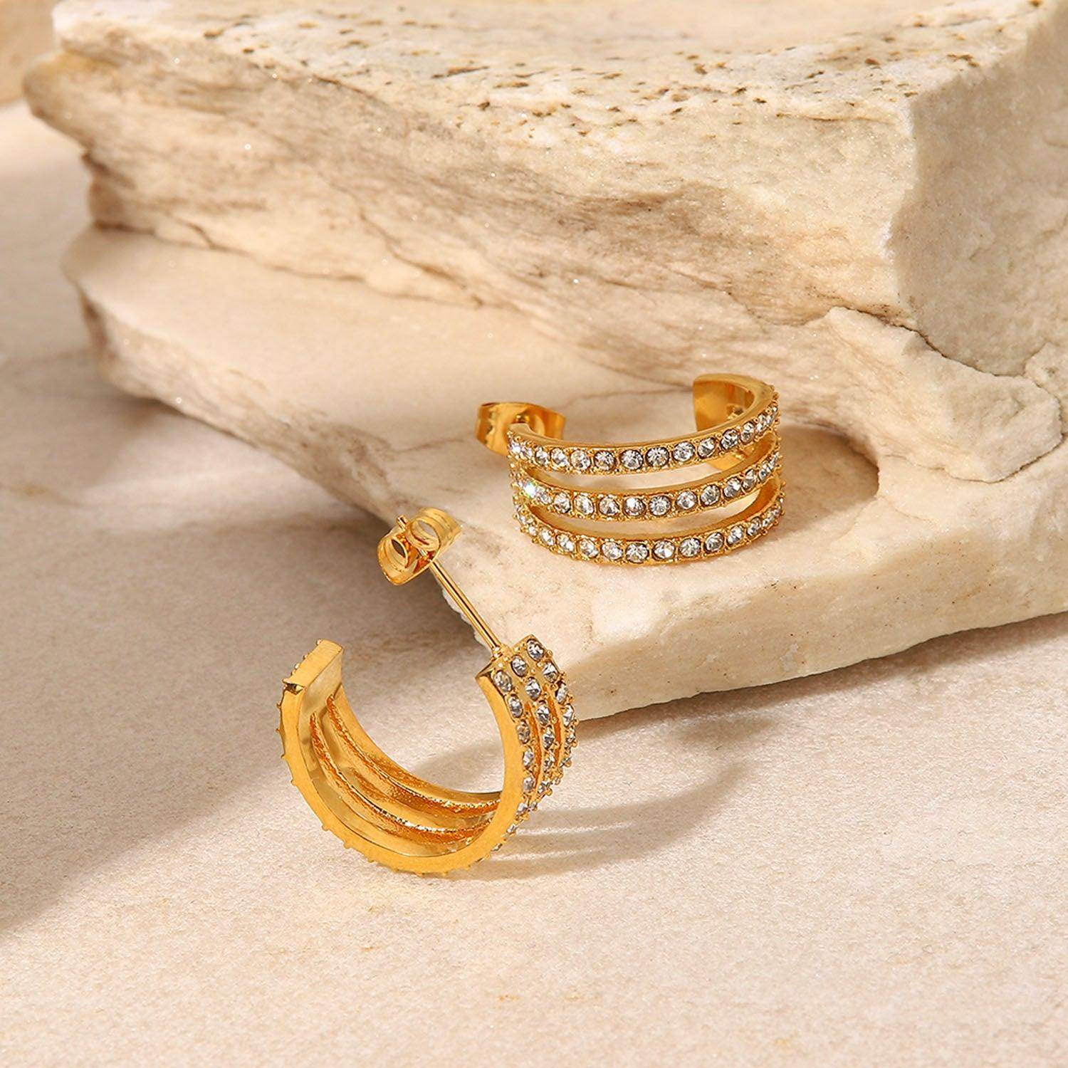 Stainless Steel Inlaid Zircon C-Hoop Earrings for Women