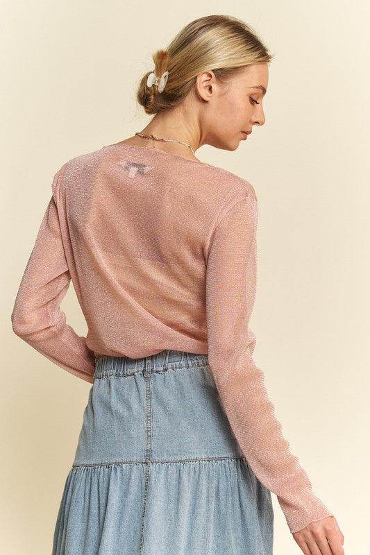 Davi & Dani Glitter Mesh Lettuce Hem Long Sleeve Top Women