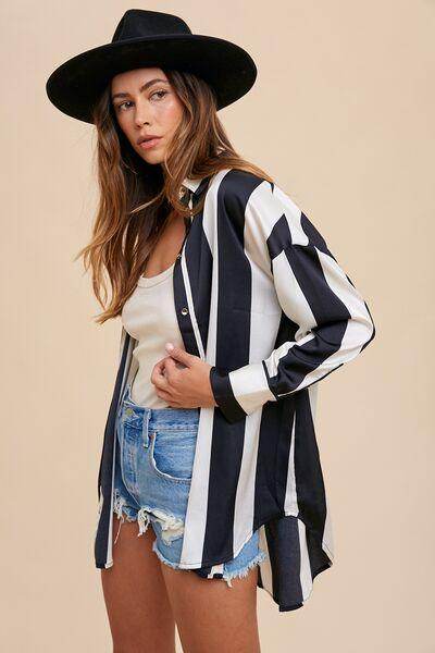 Annie Wear Striped Dropped Shoulder Button Up Shirt for Women