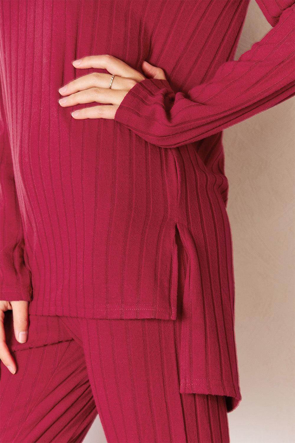 Basic Bae Full Size Ribbed Round Neck High-Low Slit Top Set