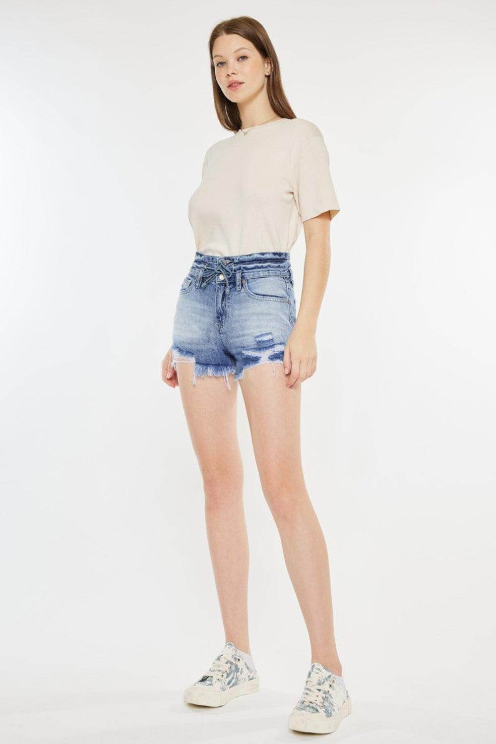Kancan High Rise Frayed Hem Denim Shorts for Women