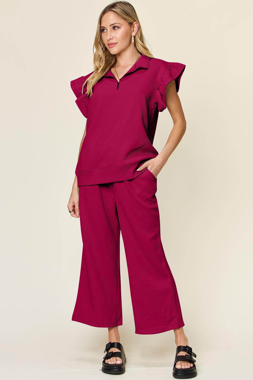 Double Take Texture Ruffle Short Sleeve Top and Pants Set