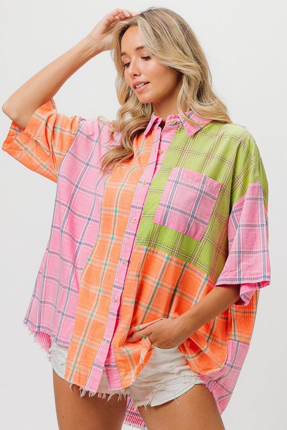 BiBi Plaid Collared Neck Half Sleeve Shirt for Women