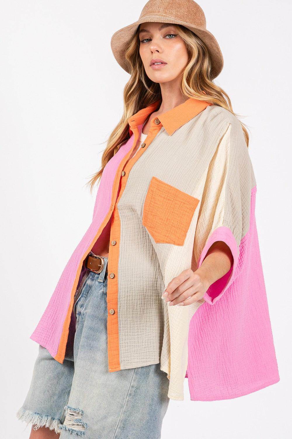 SAGE + FIG Full Size Color Block Button-Down Shirt for Women