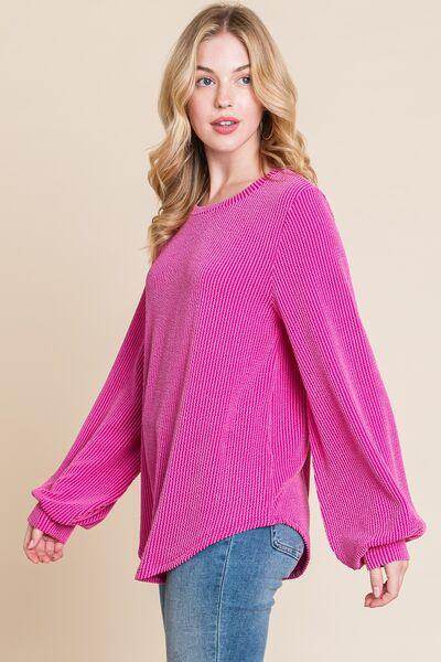 BOMBOM Long Sleeve Curved Hem Ribbed T-Shirt for Women
