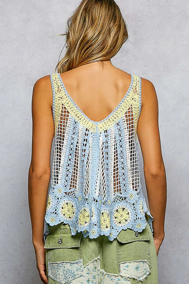 POL Openwork Stripe Pattern Flowy Tank with Scalloped Edge