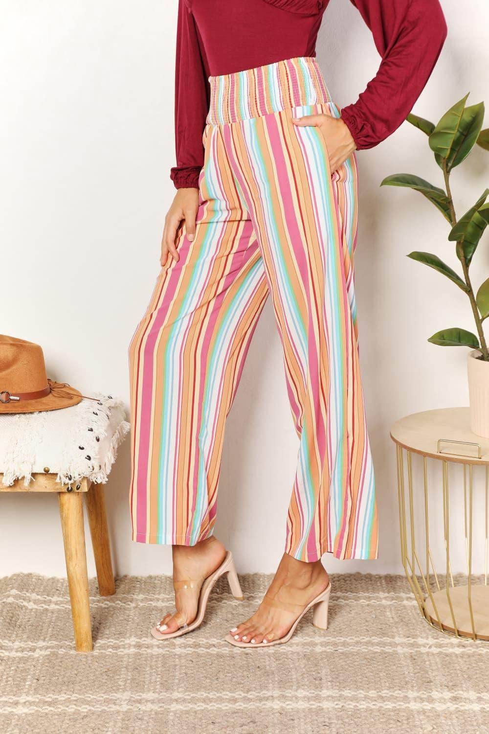 Double Take Striped Smocked Waist Pants with Pockets Stylish