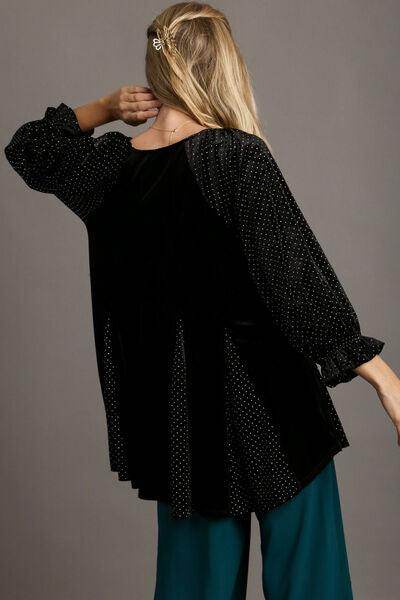 Umgee Godet Hem Polka Dot V-Neck Blouse for Women