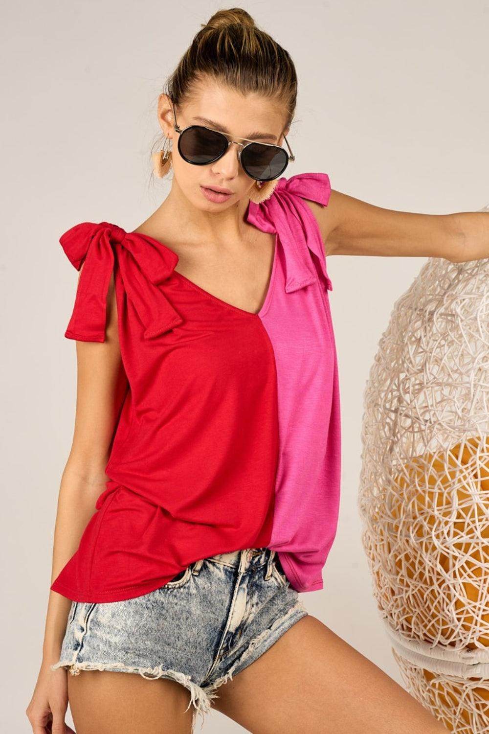 BiBi Shoulder Ribbon Tied Contrast Tank for Stylish Look
