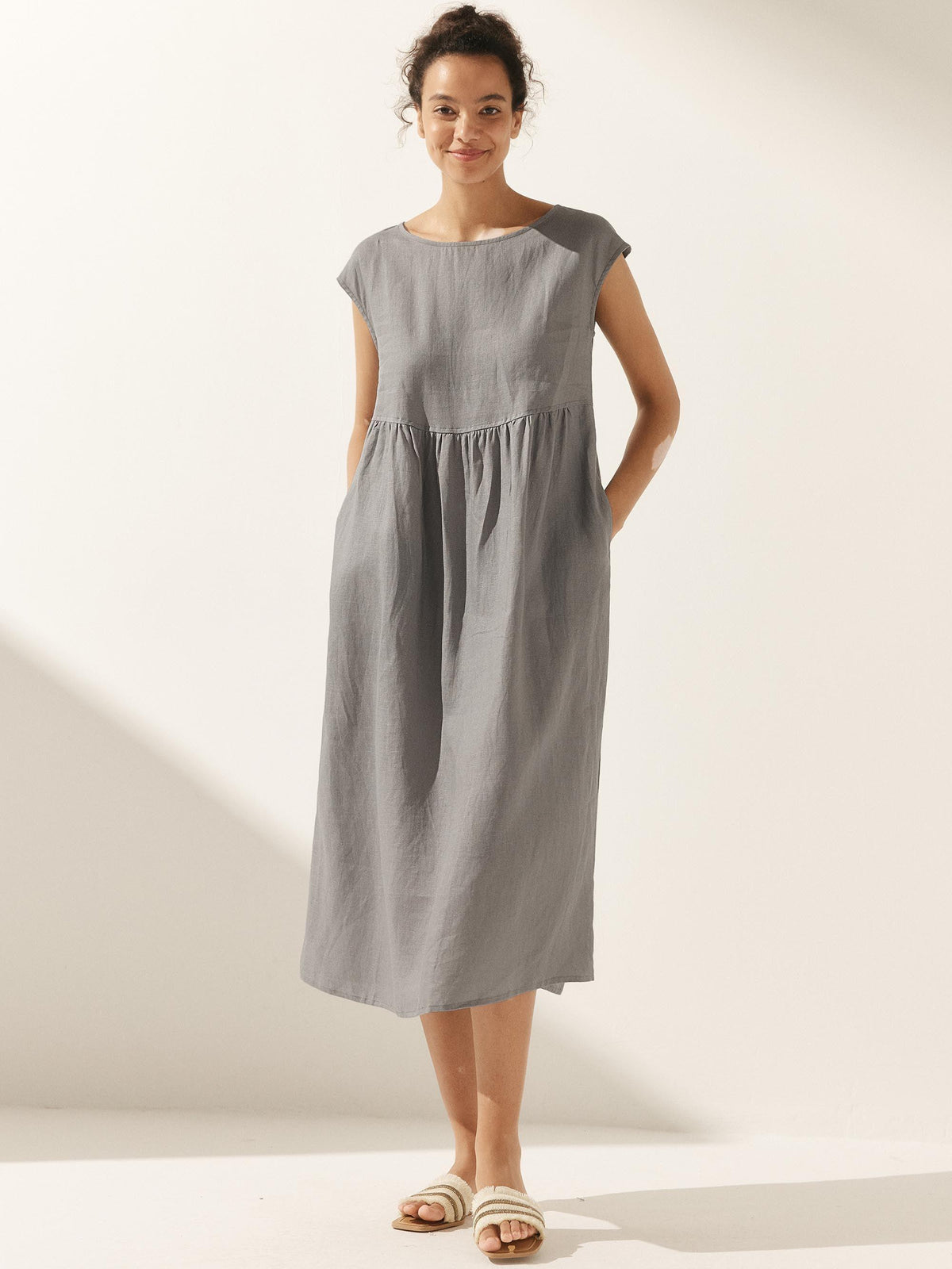 100% Linen Cap Sleeve Washed Midi Dress JOAN