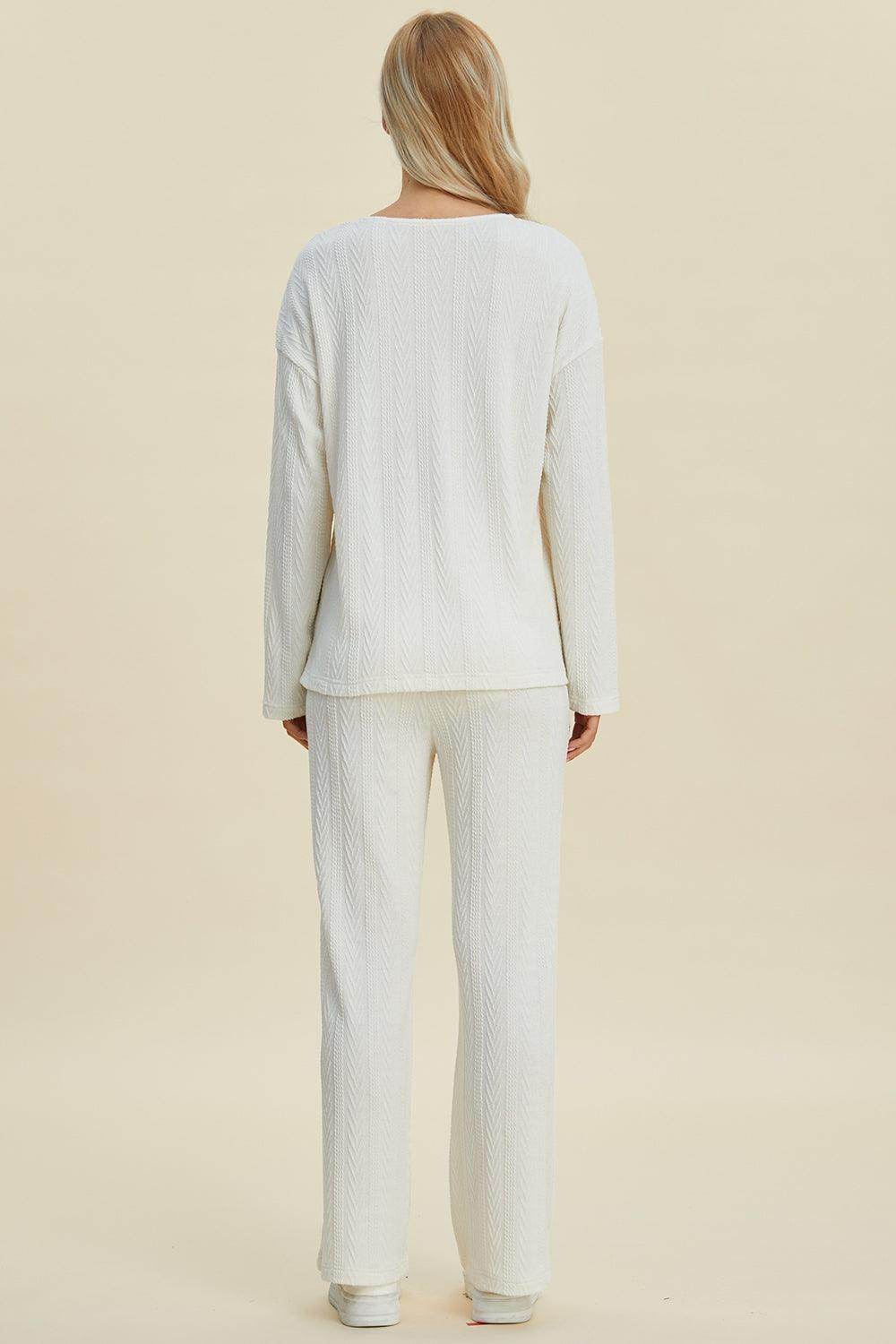 Double Take Full Size Cable-Knit Long Sleeve Top Pants Set