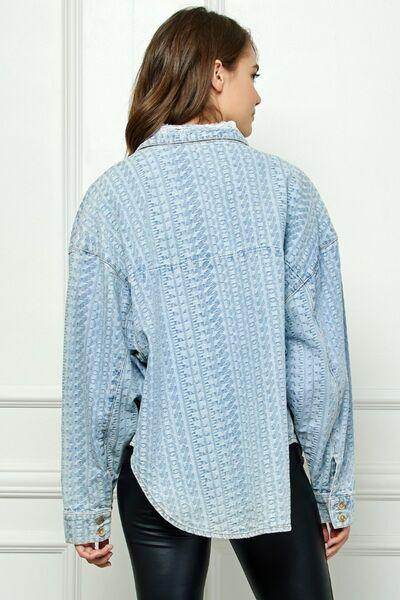 Veveret Button Up Dropped Shoulder Denim Top for Women