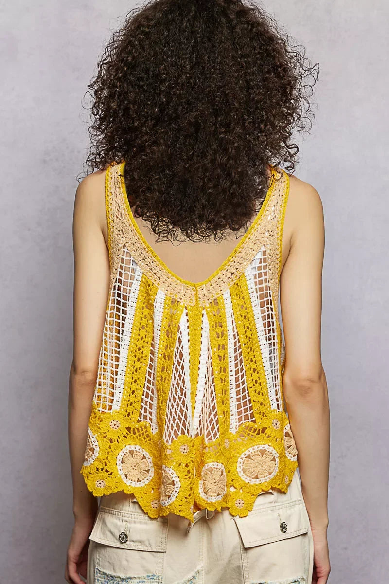 POL Openwork Stripe Pattern Flowy Tank with Scalloped Edge