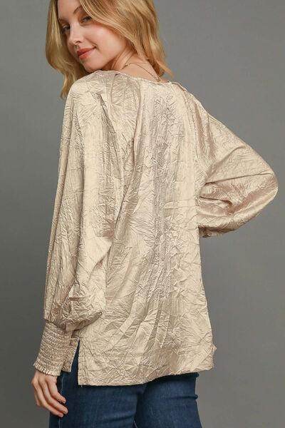 Umgee Wrinkled Round Neck Lantern Sleeve Blouse for Women