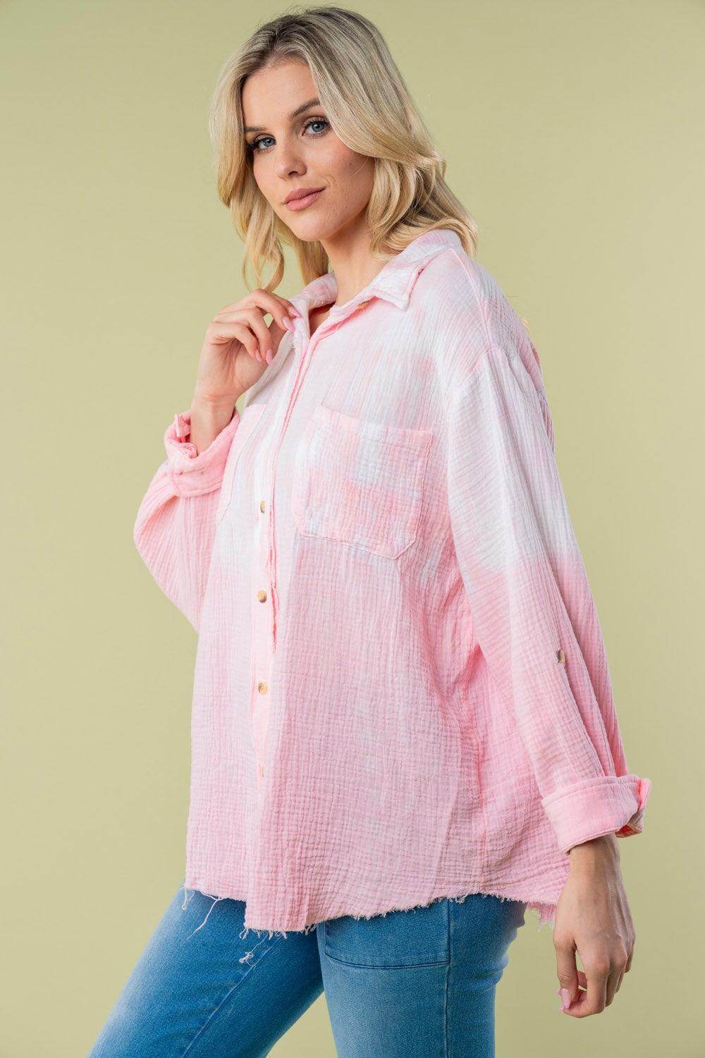 White Birch Full Size Long Sleeve Tie Dye Shirt for Women