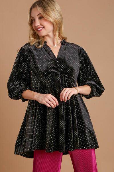 Umgee Full Size Beaded Frill Flounce Sleeve Velvet Blouse