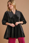 Umgee Full Size Beaded Frill Flounce Sleeve Velvet Blouse