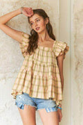 ADORA Ruffled Square Neck Cap Sleeve Babydoll Blouse For Women