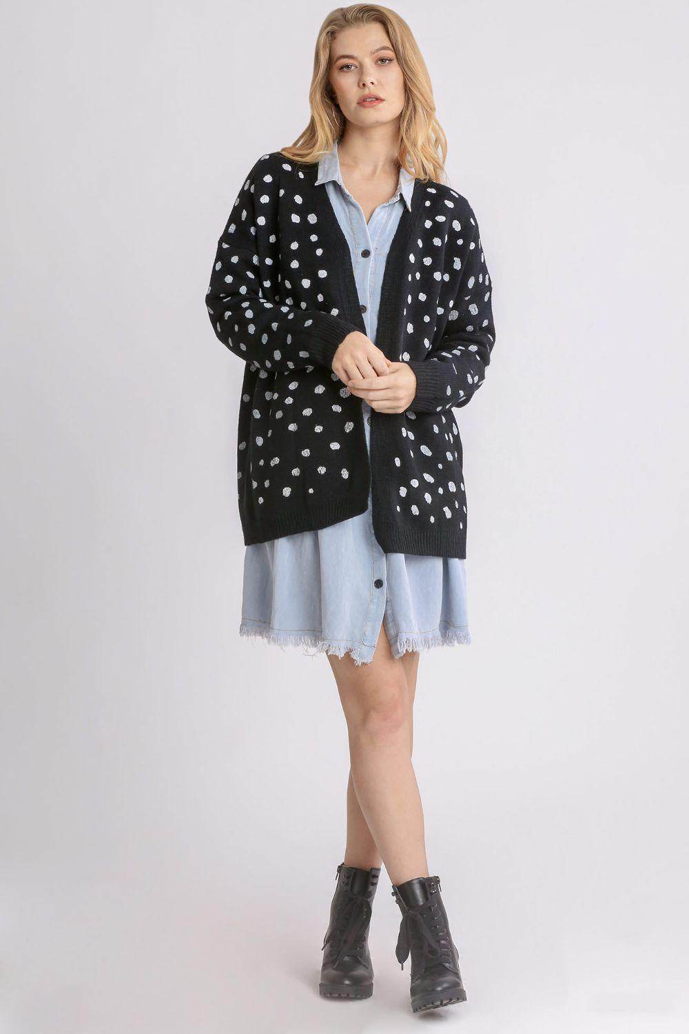 Umgee Polka Dot Open Front Drop Shoulder Cardigan for Women
