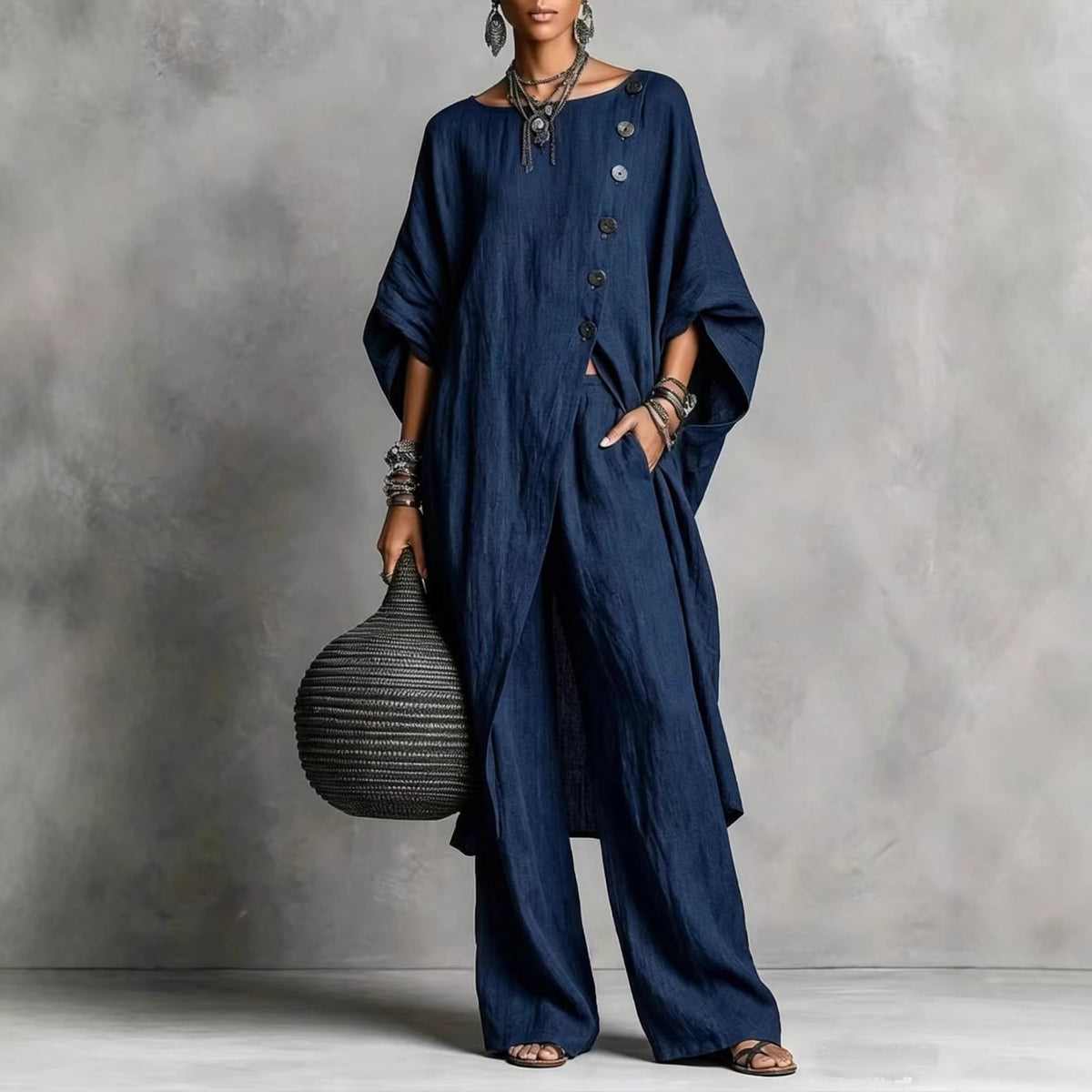 Women's Drop Shoulder Three-Quarter Sleeve Irregular Shirt & Pants Set