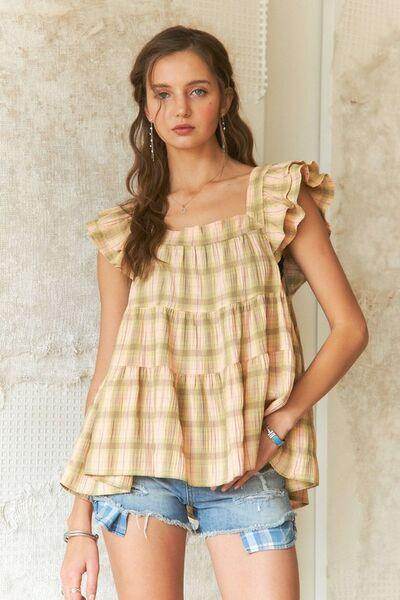 ADORA Ruffled Square Neck Cap Sleeve Babydoll Blouse For Women