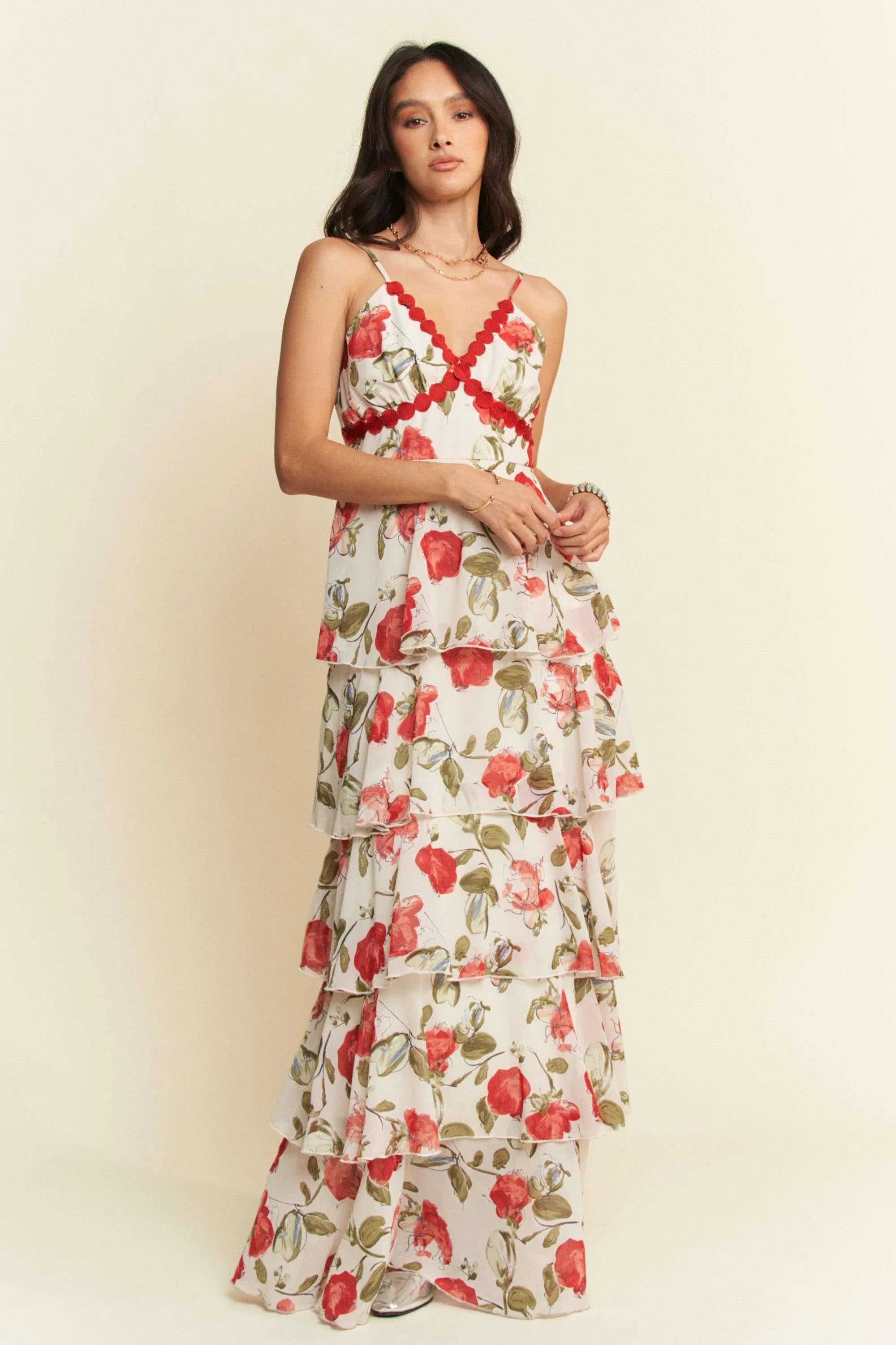 Davi & Dani Contrast Ring Lace Layered Ruffle Maxi Cami Dress