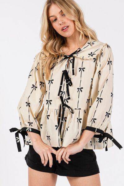 SAGE + FIG Bow Print Tie Front Babydoll Blouse for Women