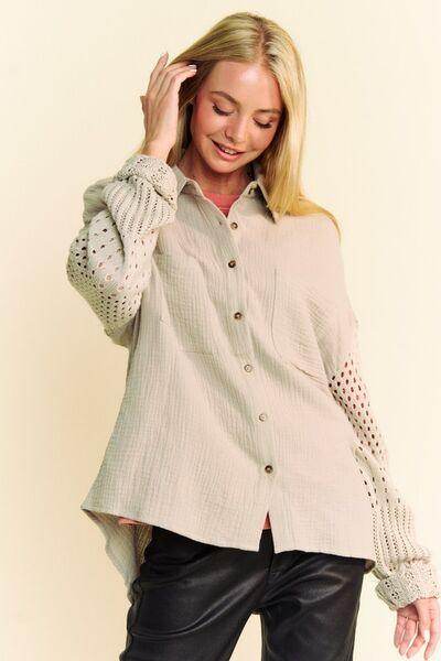 Davi & Dani Crochet Sleeve Crinkled Texture Shirt for Women