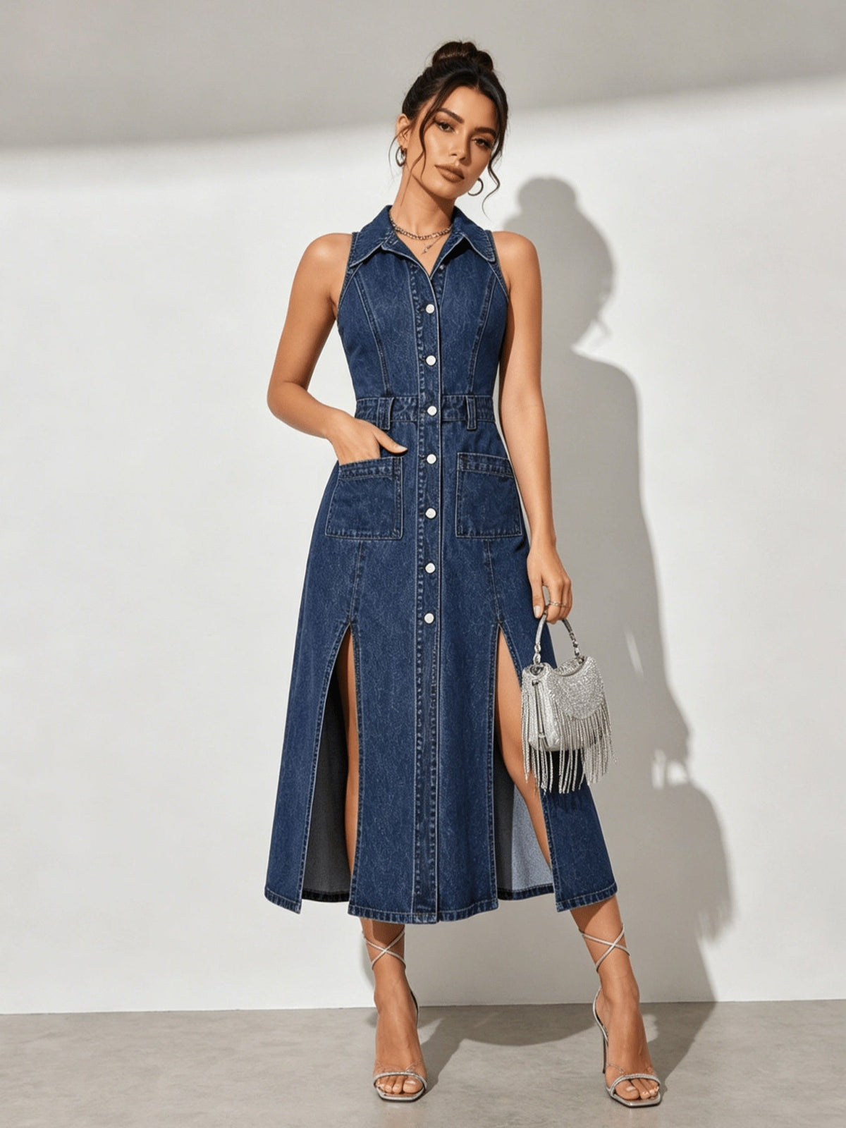 Women's Retro Washed Denim Midi Dress – Sleeveless Collared Button-Front with Slits & Pockets