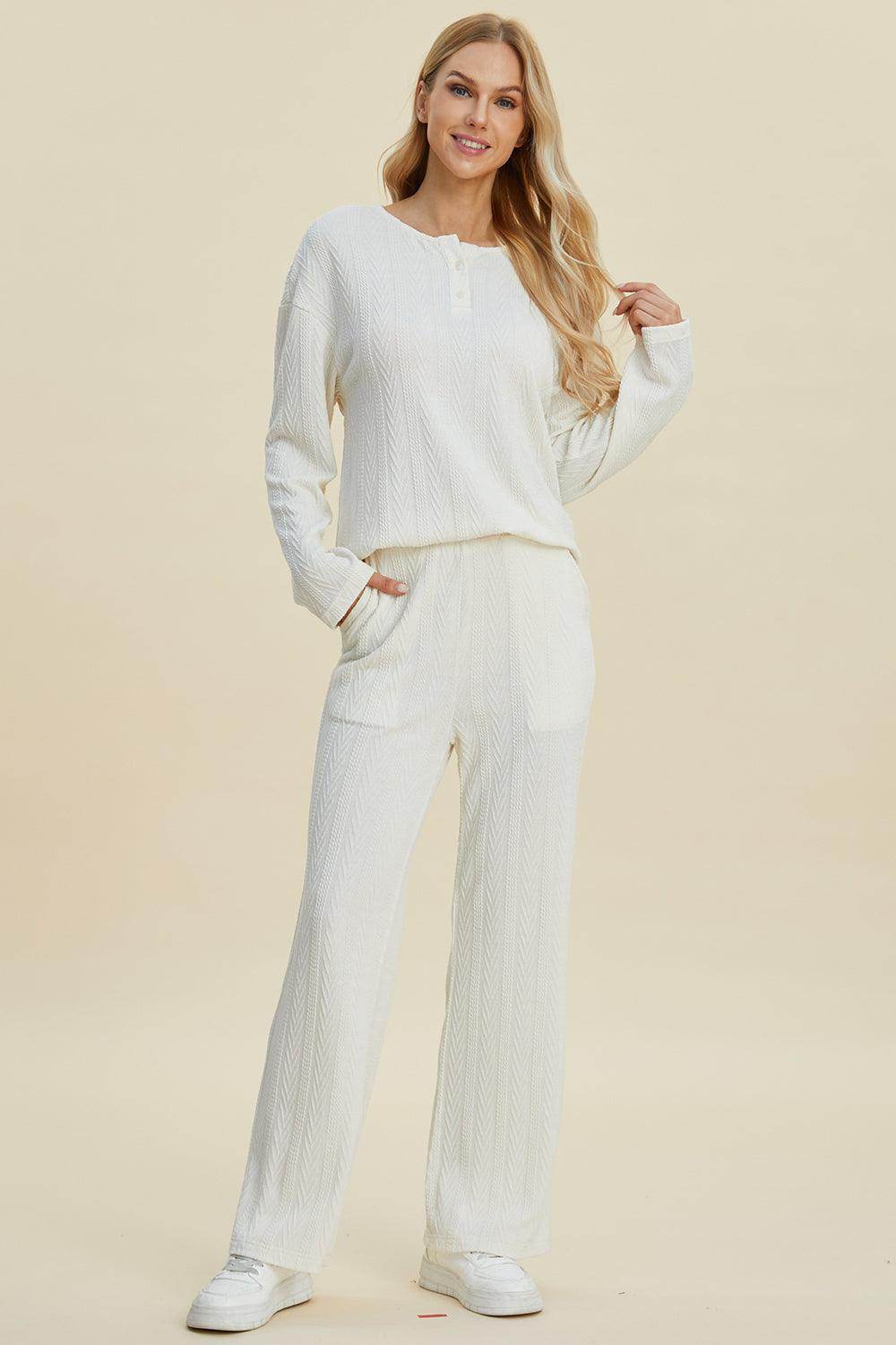 Double Take Full Size Cable-Knit Long Sleeve Top Pants Set