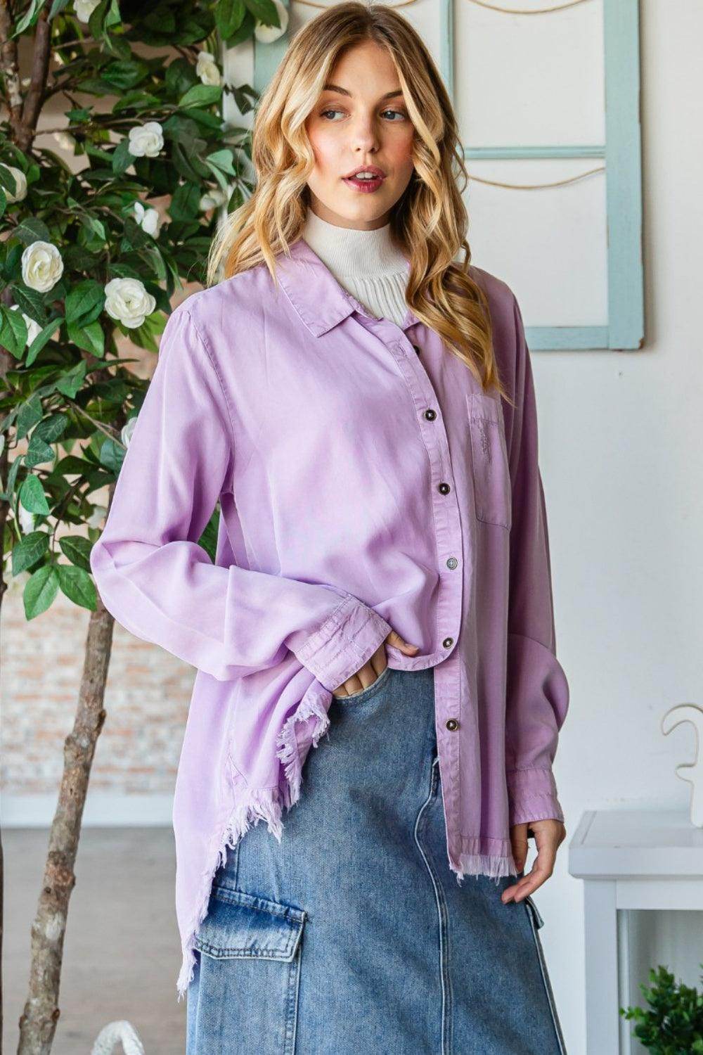 Veveret Raw Hem Button Up Long Sleeve Shirt for Women