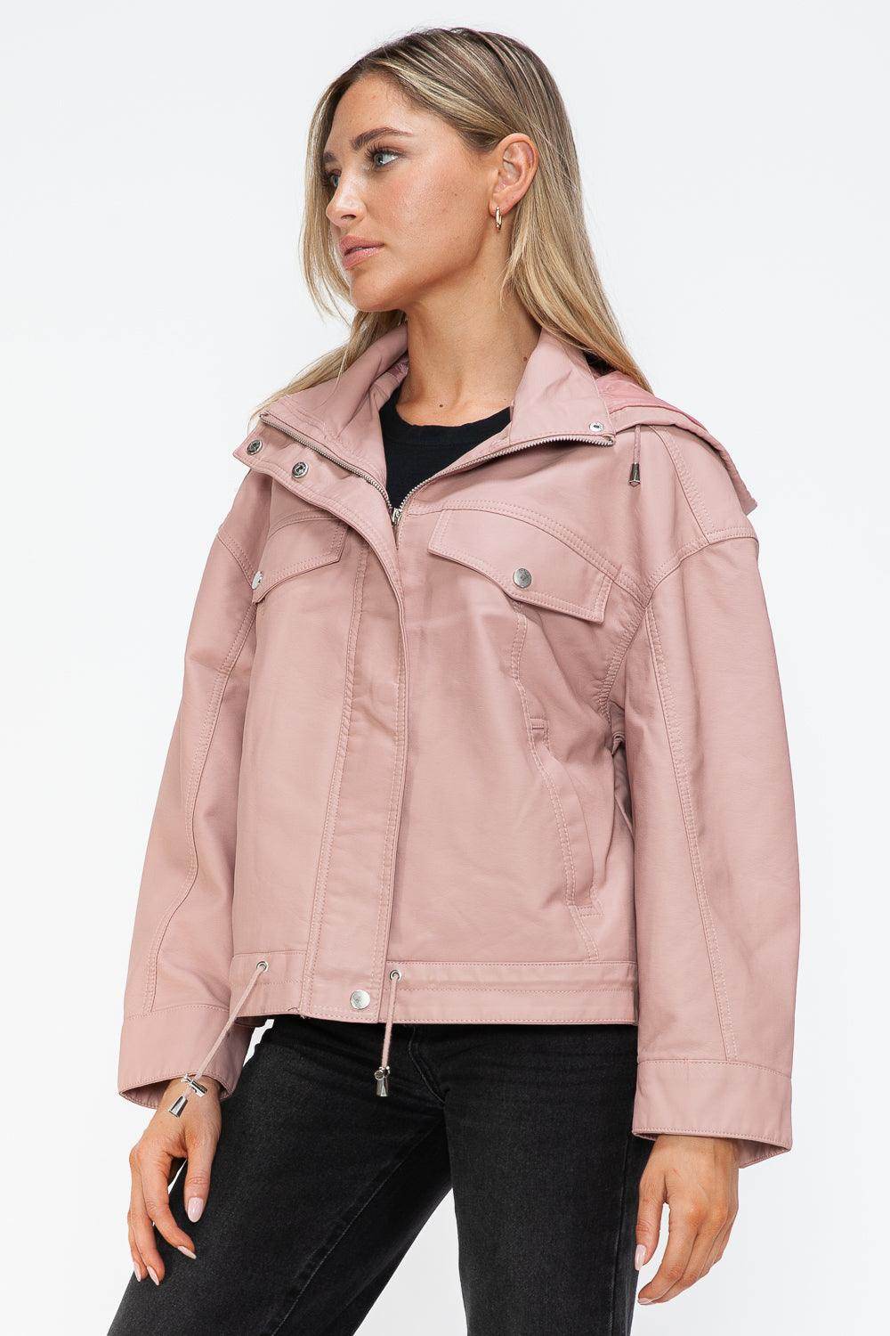 How Dare U Drawstring Hem PU Leather Zip Up Jacket for Women