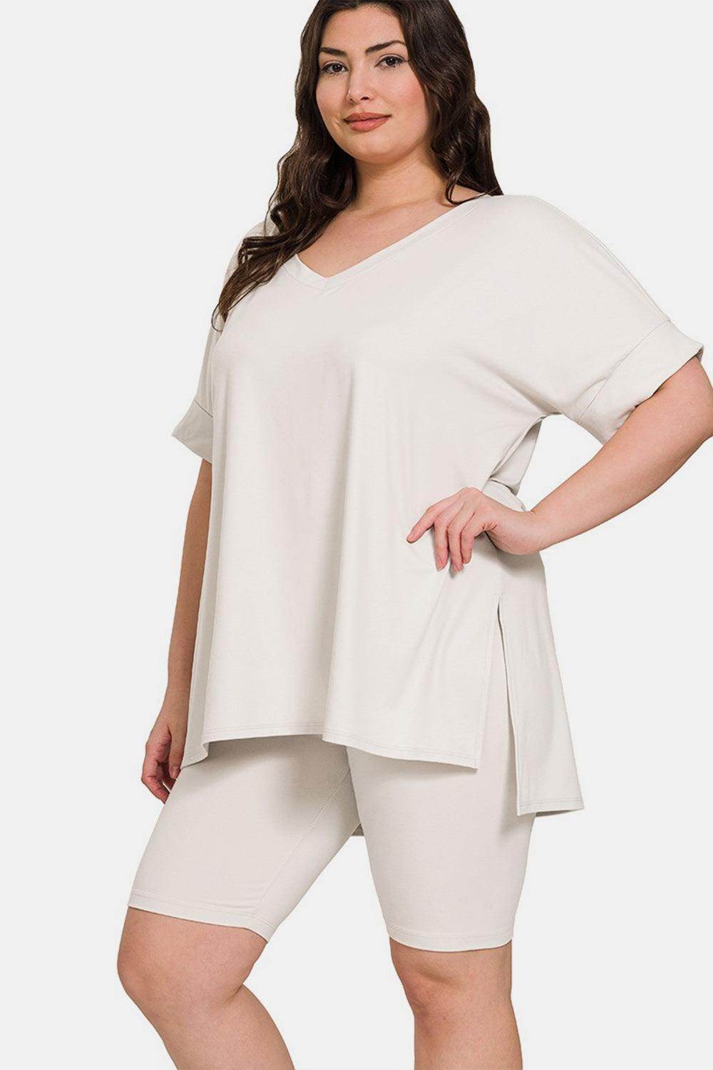 Zenana Full Size V-Neck Slit T-Shirt and Shorts Set
