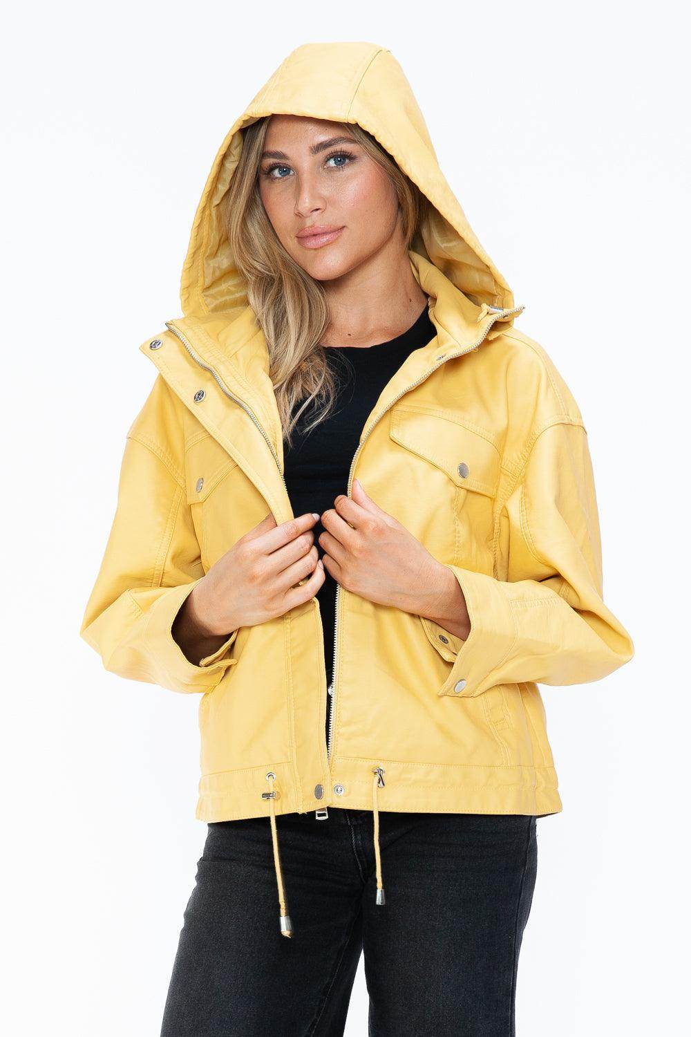 How Dare U Drawstring Hem PU Leather Zip Up Jacket for Women