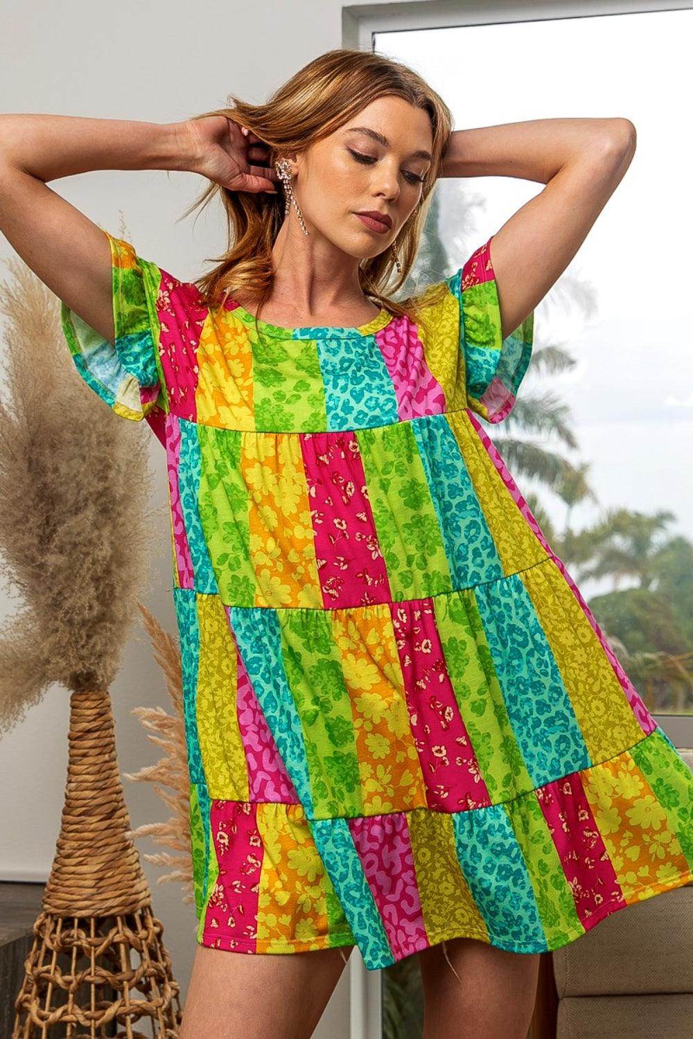 BiBi Leopard Short Sleeve Tiered Dress for Trendy Style