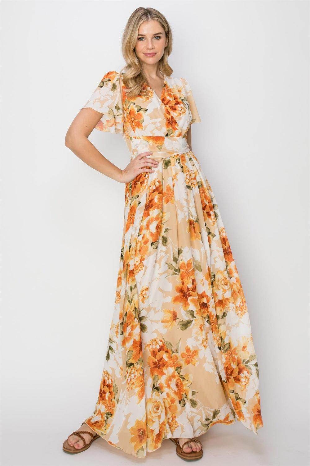 HYFVE Floral Tie Back Short Sleeve Slit Maxi Dress for Women