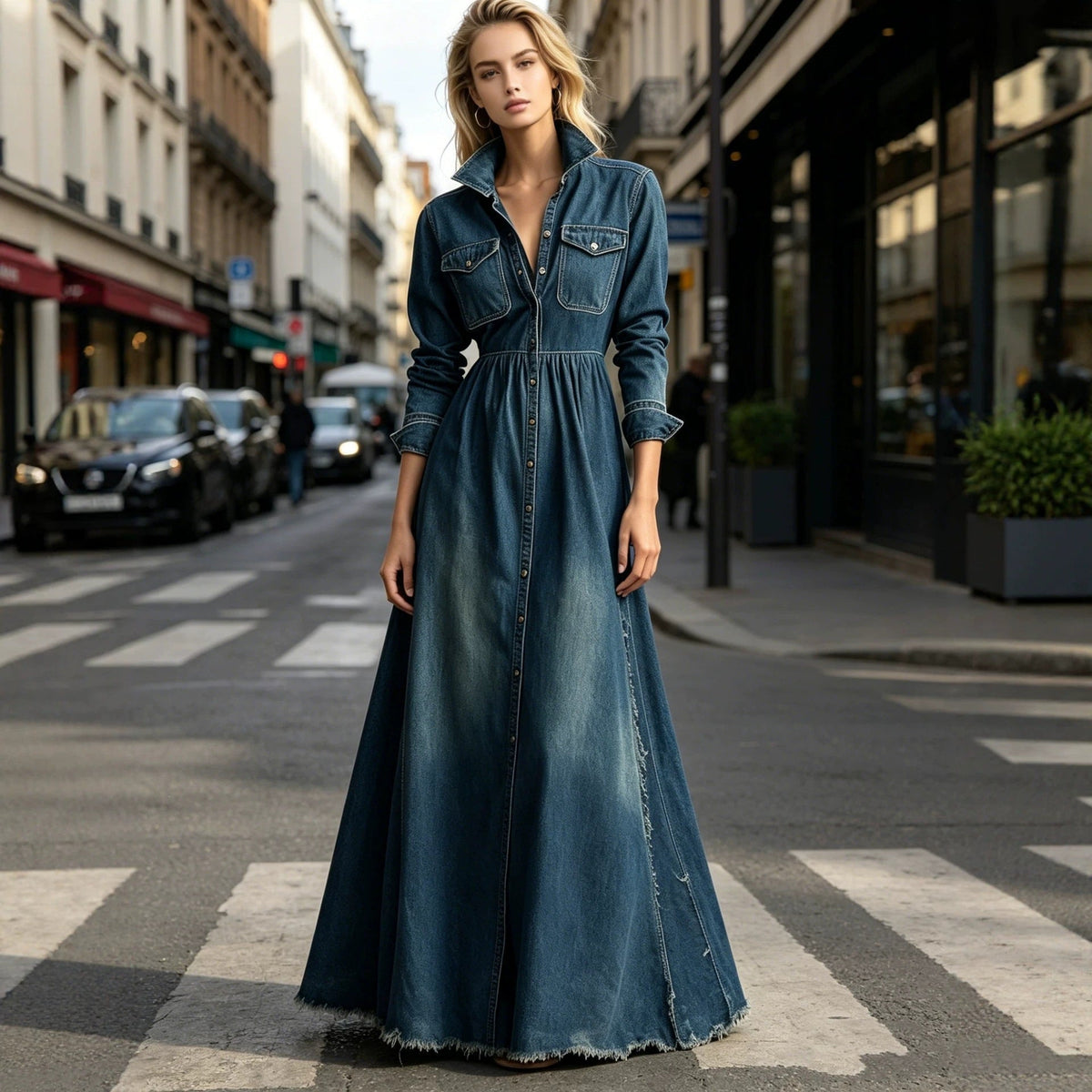 Women's Dark Blue Denim Shirt Collar Button-Down High Waist Maxi Dress