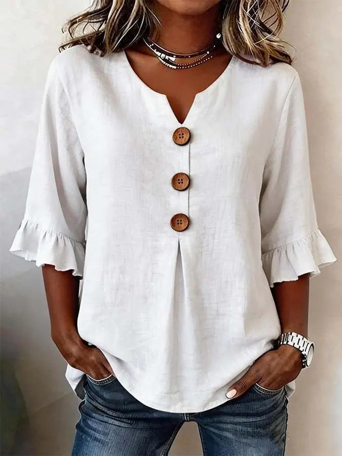 Women's V-Neck Button-Up Blouse — Summer Casual Top