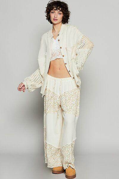 POL Openwork Lantern Sleeve Button Down Gauze Shirt Women