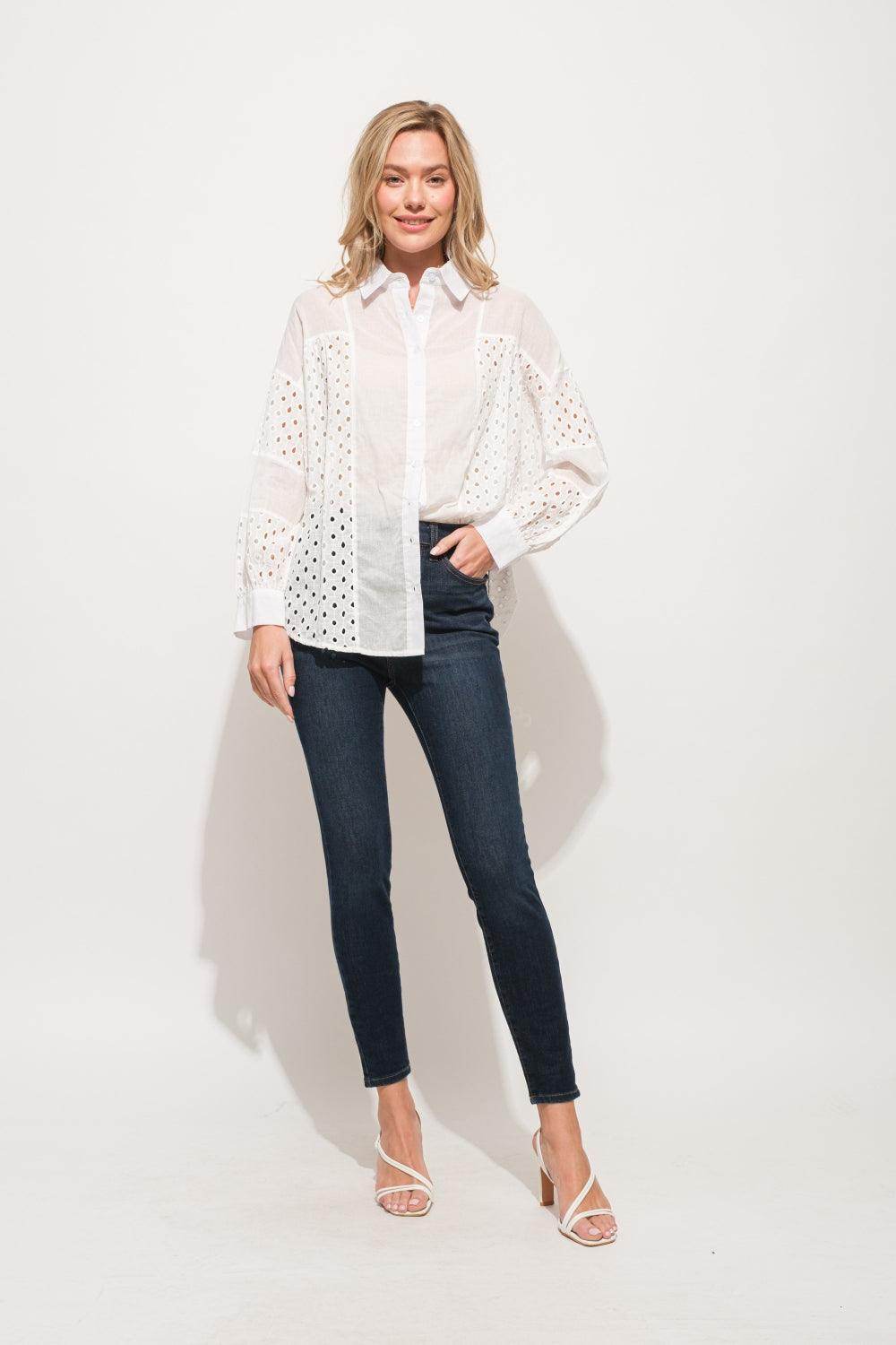 And The Why Eyelet Long Sleeve Button Down Shirt Chic