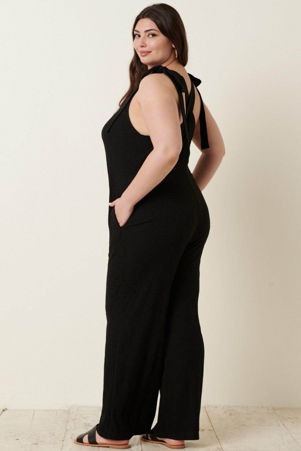 Mittoshop Rib Knit V-Neck Cross Back Jumpsuit for Women