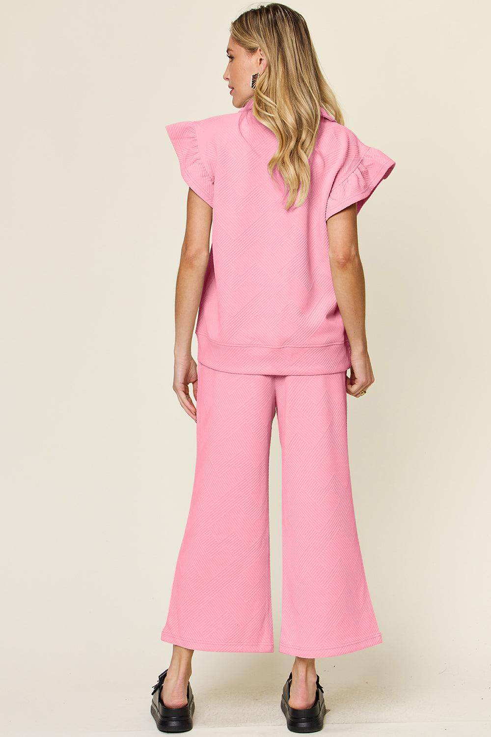 Double Take Texture Ruffle Short Sleeve Top and Pants Set